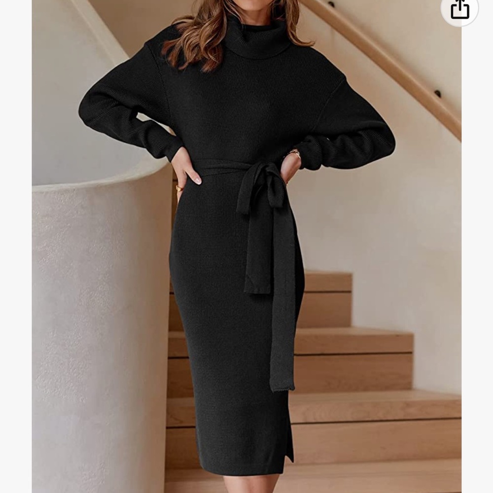 Turtleneck black sweater dress with slit